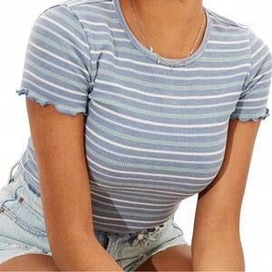 American Eagle Cropped Waffle Knit Striped Lettuce Trim Baby Tee Blue Medium